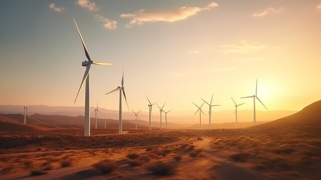 Many windmills installed in a desert green energy concept,  