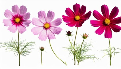 Obraz na płótnie Canvas botanical collection four pink cosmos bipinnatus flowers isolated on a white background elements for creating designs cards patterns floral arrangements frames wedding cards and invitations