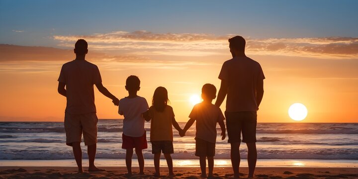 Happy family holding hands and walking on the beach at the sunset time