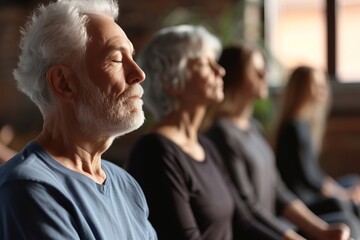 Close up Portrait of elderly men amd women sits in the lotus position meditating in a yoga studio. Mental and spiritual health development at any age	
