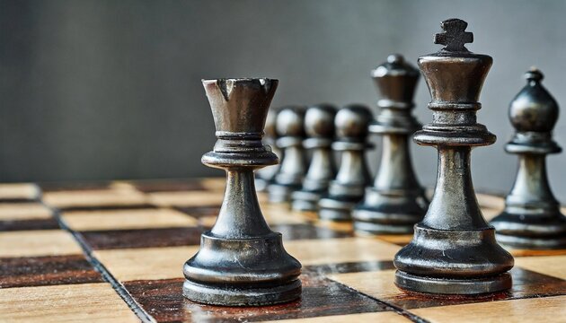 black chess pieces lined up in order at the beginning of the game on a chessboard selective focus on the figure of the king and queen