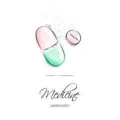 Medicine capsule and pill. Watercolor style.