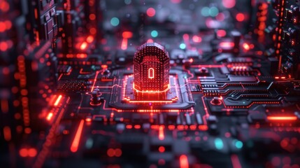 padlock in the middle of a circuit board, AI threat detection and risk analysis algorithms