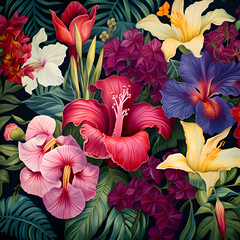 Seamless pattern with hibiscus flowers and tropical leaves.