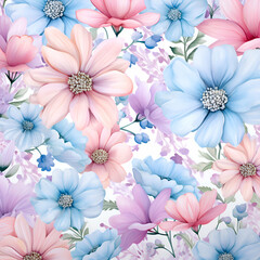 Seamless floral pattern with pink and blue flowers.  illustration.