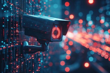 cctv camera against colorful lights on a computer background - obrazy, fototapety, plakaty
