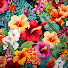 Seamless pattern with hibiscus flowers and palm leaves