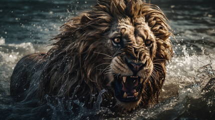 Le&oacute;n chapoteando en el oc&eacute;ano