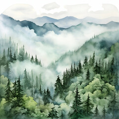 Landscape with fir forest and mountains in fog. Digital painting.
