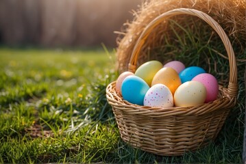 Fototapeta na wymiar Easter eggs in a basket at the farm
