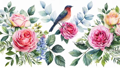 Behang watercolor arrangements with garden roses birds collection pink flowers leaves branches decorative trees isolated on white background © Nathaniel