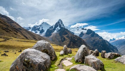 Fototapeta na wymiar a group of rocks guide the eye towards a vast mountain range in the peruvian highlands horizontal
