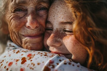 Close up grandmother hugs her granddaughter tightly. A red-haired little Irish girl hugs her old grandmother. Concept of family, kinship, two different generations - obrazy, fototapety, plakaty