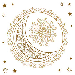 Golden crescent moon temporary tattoo. Ethnic style vector graphic.