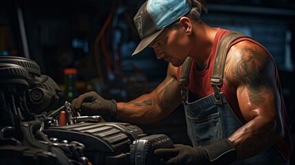 Closeup of a  car mechanic working confidently, wearing gloves and a safety cap,