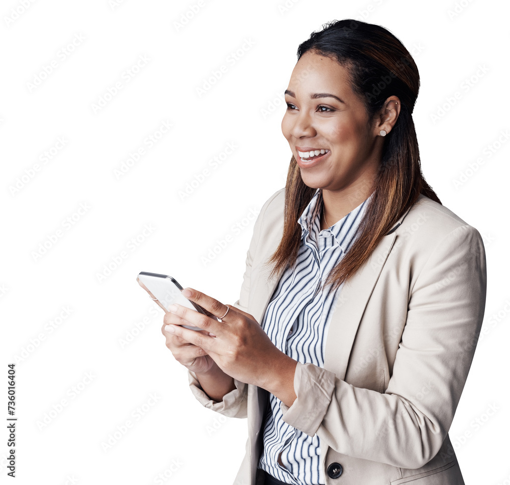 Poster business, smile and woman with a cellphone, digital app and consultant isolated on transparent backg