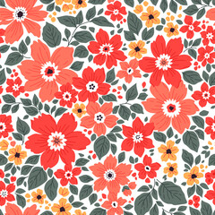 Vintage floral background. Floral pattern with small coral red flowers on a white background. Seamless pattern for design and fashion prints. Perfect for textile prints. Ditsy style.