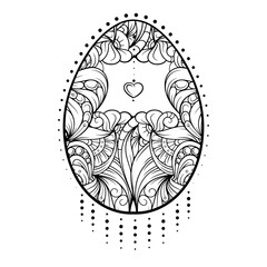 Intricate easter egg antistress coloring page. Black and white vector graphic.