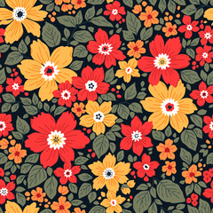 Beautiful floral pattern in small abstract flowers. Small red and yellow flowers. Black background. Ditsy print. Floral seamless background. Liberty template for fashion prints. Stock pattern.