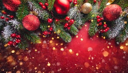 red christmas background with fir branches lights and decorations