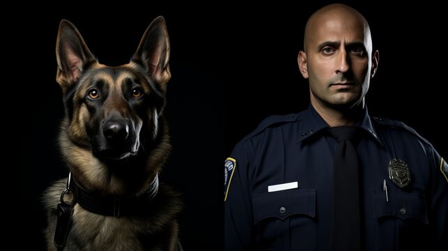 Close-up portrait of Security worker and police dog on a black background.