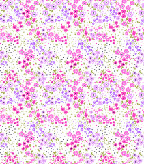 Vintage floral background. Floral pattern with small lilac pink flowers on a white background. Seamless pattern for design and fashion prints. Perfect for textile prints. Ditsy style.