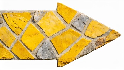 yellow arrow direction sign with polished stone texture with imperfections and cracks and isolated on a seamless white background
