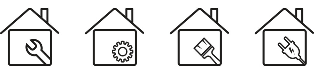 home repair icons, house renovation, maintenance service vector symbol on transparent background.