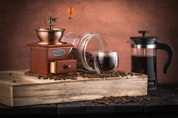 Freshly brewed coffee, made from whole beans and ground in a coffee grinder