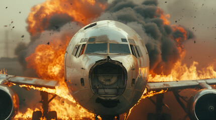 Airliner succumbs to a catastrophic blaze, with billowing smoke and fire.