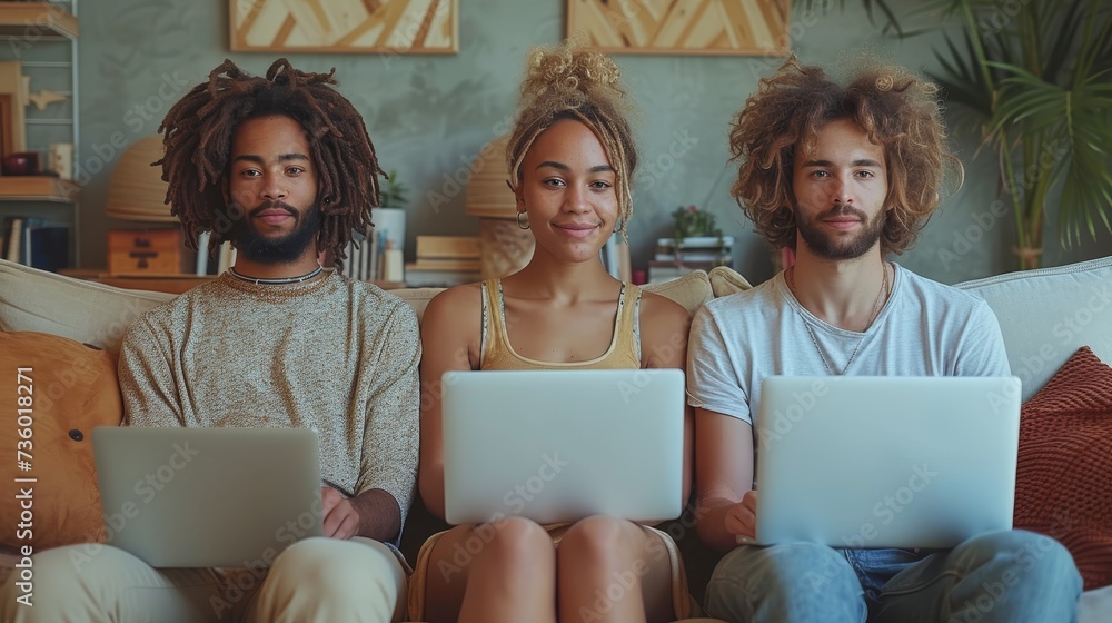 Aufkleber using modern gadgets on the couch, a group of hipsters sit together. a business startup with a frien