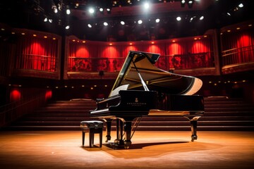 A concert hall with a grand concert piano on the stage with lights