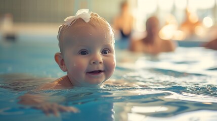 Joyful toddler playing in the refreshing blue swimming pool during a fun family vacation, radiating happiness and laughter, Be healthy and happy.