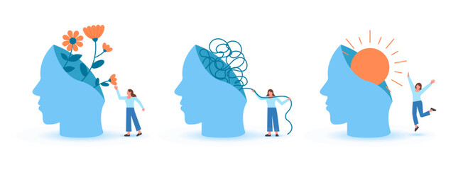 Mental health illustration set. Woman character enjoy life, solve mental problems and think positive. Psychotherapy concept. Vector illustration.