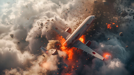 Airliner mid-explosion, debris scattered in a dramatic sky-high catastrophe.