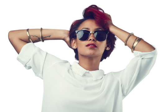 Fashion, confidence and face of woman with sunglasses on isolated, png and transparent background Confidence, beauty and person with red hair in stylish clothes, trendy accessories and casual clothes