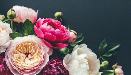 floral banner header with copy space roses and peony isolated on dark background natural flowers wallpaper or greeting card