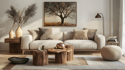 Photo of a modern living room with a beige sofa, wooden coffee table, and tree artwork on the wall