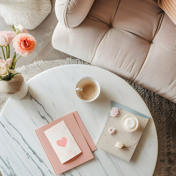 high angle flatlay photo of a gorgeous Valentine’s Day card, lying on a coffee table, in a pastel modern home