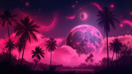 Fototapeta na wymiar Night landscape with big moon and silhouettes of palm trees in pink color