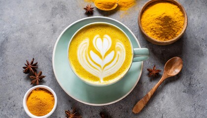 turmeric latte golden milk hot healthy drink concrete background vertical photo top view