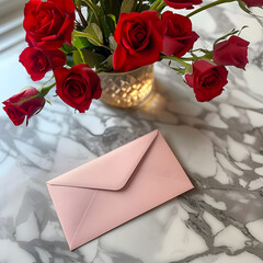 High-angle flatlay photo of the back of a pink envelope , lying on a table with red roses in a vase, in a pastel home.