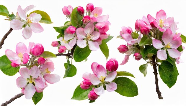 spring set pink apple tree flowers isolated on white background different angles design element