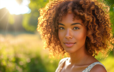 A close-up shot capturing the features of a multiracial person with curly hair.
