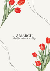 Postcard for Women's Day, 8 March with Watercolor Red Tulips. Cover with Spring Flowers. Vector Templates