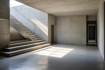 an empty room with stairs in a concrete house, in the style of new sculpture, sunrays shine upon it, mingei, spot metering, raw and unpolished, rectangular fields