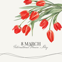 Square Card for Women's Day, March 8 with Watercolor Red Tulips. Post Greeting Card for Social Media. Cover with Spring Flowers. Vector Templates