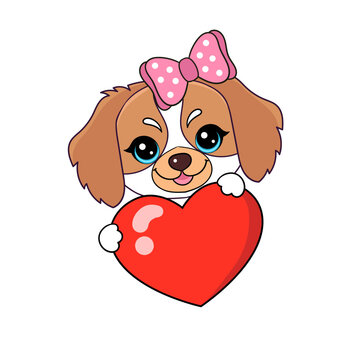 A cute little puppy with a bow holds a red heart in his paws. Isolated image on a white background. For the design of valentines, cards, congratulations, prints, posters, stickers, etc. Vector