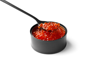 Red salmon caviar in a black tin can and black spoon on a white background