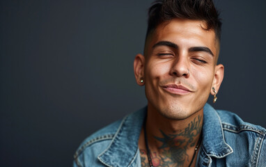 Obraz premium A detailed photograph capturing a close-up view of a multiracial individual wearing a stylish jean jacket.